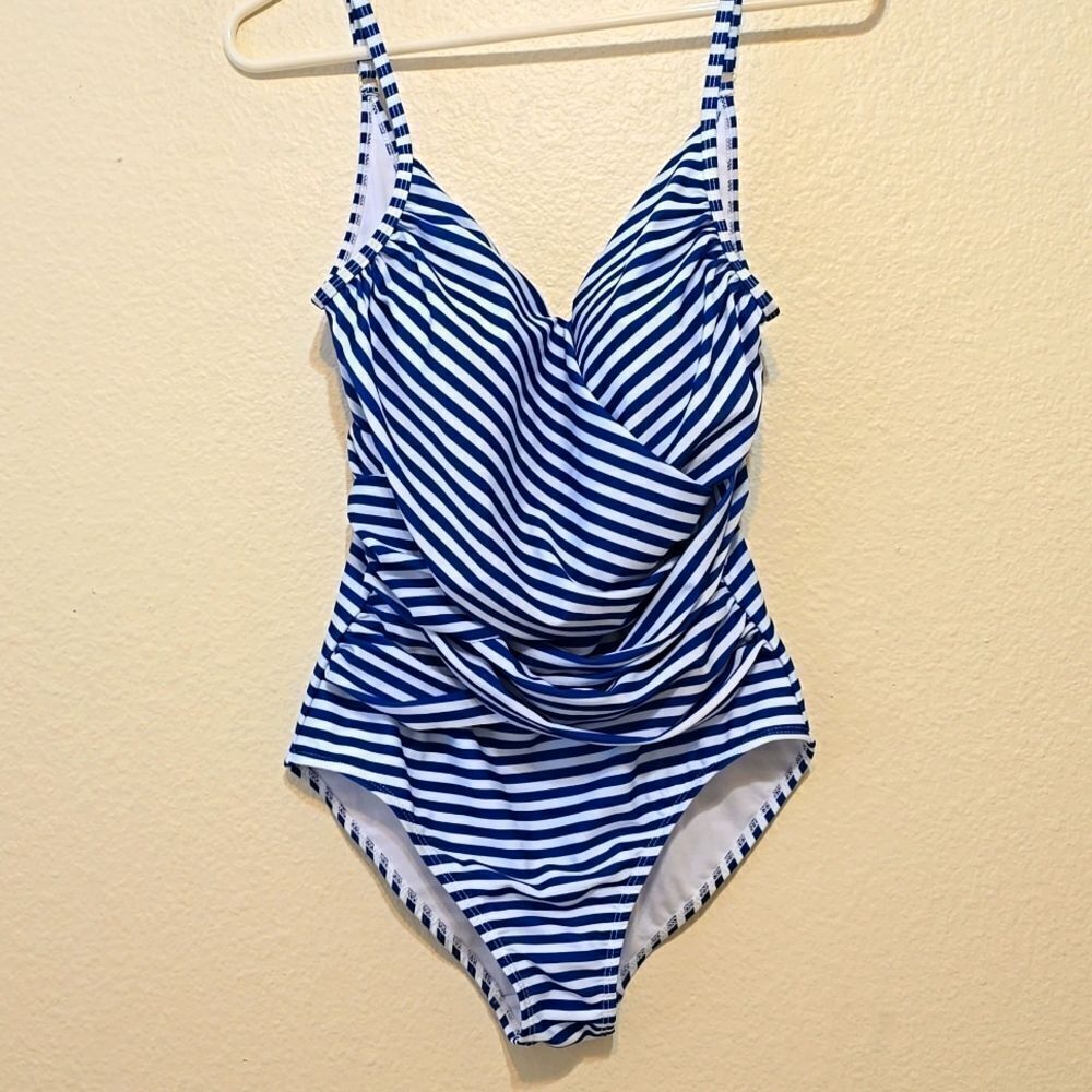 Nicole Miller Women's One Piece Wrap Swimsuit Size S Blue White Striped V Neck